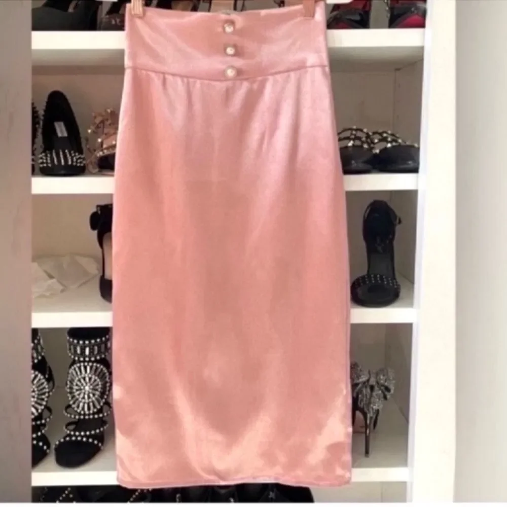 Zipper Back Button Detail Wide Waistband Split Hem Satin Skirt Size XS